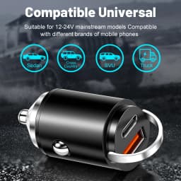 100W Mini Car Charger Dual Port PD Type C & QC USB A Fast Charging Adapter Flush Fit Stealth Pull Ring For 12V 24V Vehicles