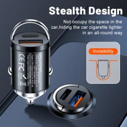 100W Mini Car Charger Dual Port PD Type C & QC USB A Fast Charging Adapter Flush Fit Stealth Pull Ring For 12V 24V Vehicles