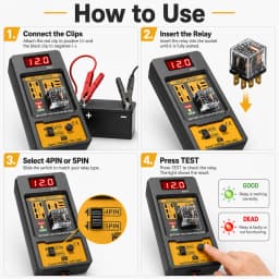 RT01 Car Relay Tester with Battery Clamps, 12V Universal 4/5 Pin Relay Test Tool, Heavy-Duty Automotive Electrical Diagnostic Eq
