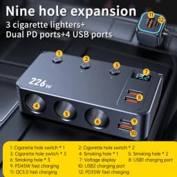 226W Car Charger Adapter 9 in 1 PD 3 Socket Cigarette Lighter Splitter Charge Independent Switches 12V 24V Fast Charger