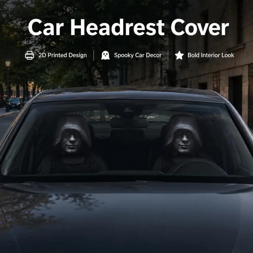 2PCS Mysterious Hooded Man Face Car Headrest Covers 2D Flat Cool Hoodie Black Street Universal Auto Headrest Protector
