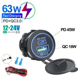 85W PD Type C/QC 3.0 USB Car Charger with Switch Fast Charge Socket Power Outlet Adapter Waterproof For 12V 24V Car Truck Boat