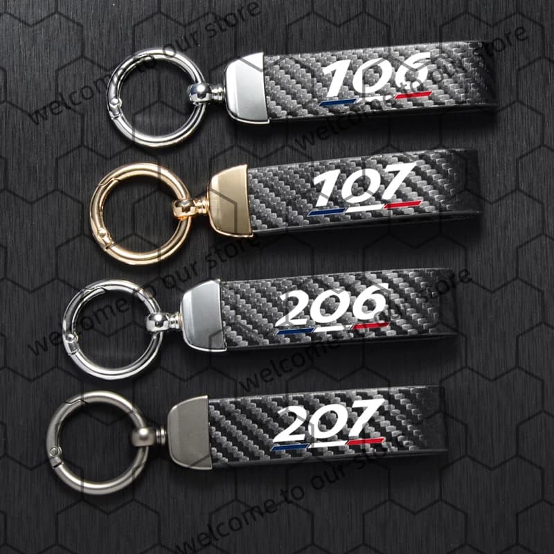 1PCS For Peugeot 106 107 206 207 French Tricolor Logo Carbon Fiber Textured Leather Car Keychain Horseshoe Buckle Key Chain