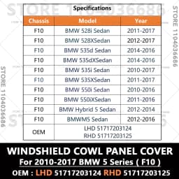For 2010-2017 F10 BMW 528i 528iX 535d 535dX 535i 535iX 550i 550iX Windshield Cowl Panel Cover LHD 51717203124 / RHD 51717203125