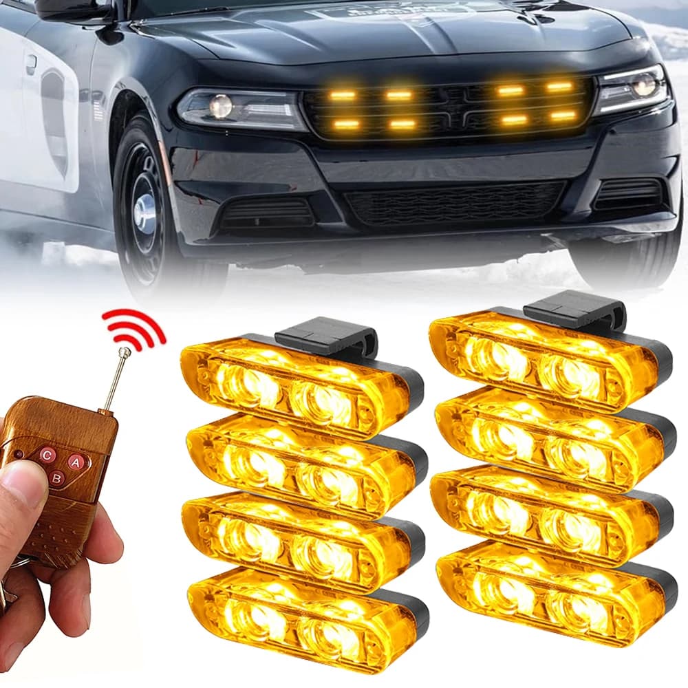 2 LED Car Emergency Strobe Lights 12V With Wireless Remote Control Yellow LED Flash Grille Light Beacon for Cars Truck Van SUV