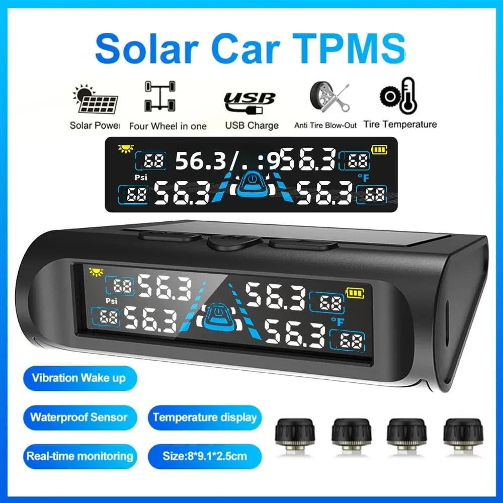 USB/Solar TPMS Temperature Monitor with 4 External Sensors Digital LCD Display 0-6.8Bar T21 Tire Pressure Gauge Car Tyre Monitor