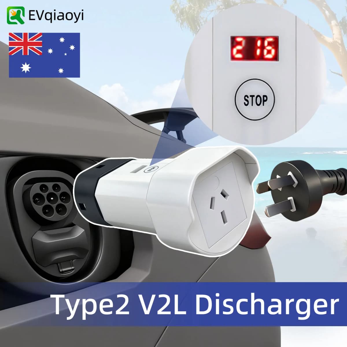 EVqiaoyi Type 2 V2L Discharger 16A Aussie Socket Adapterwith for BYD Chery Tiggo Geely EX5 Hyundai Jaecoo J7 Omoda Renault