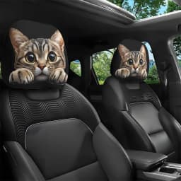 Two Cartoon Big-Eyed Cute Cat Printed Car Headrest Covers, Easy to Install And Washable