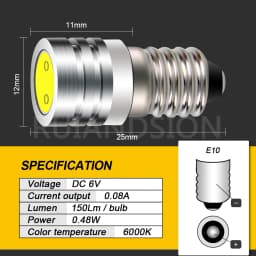 RUIANDSION 2PCS E10 LED Bulb COB 2W DC 3V 6V 12V Instrument Indicator Bulb for Old Fashioned Flashlight Bulbs