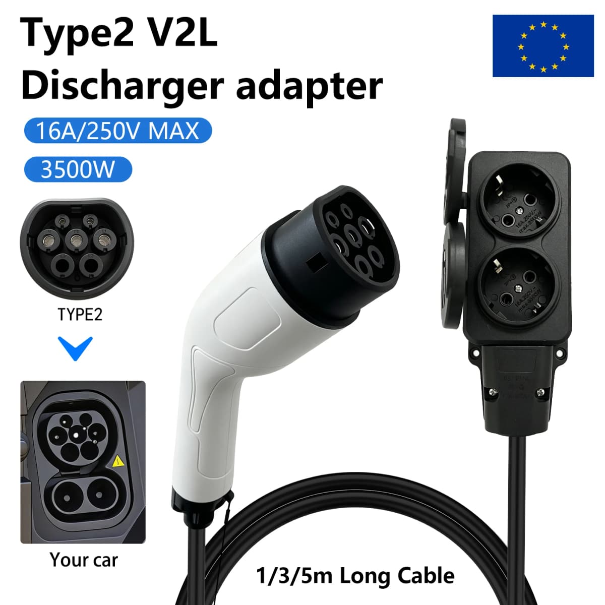 EV Type2 V2L Discharge Adapter Vehicle to Load Cable EU Socket EV Car V2L Power Discharge Charging Cable EU Outlet Plug
