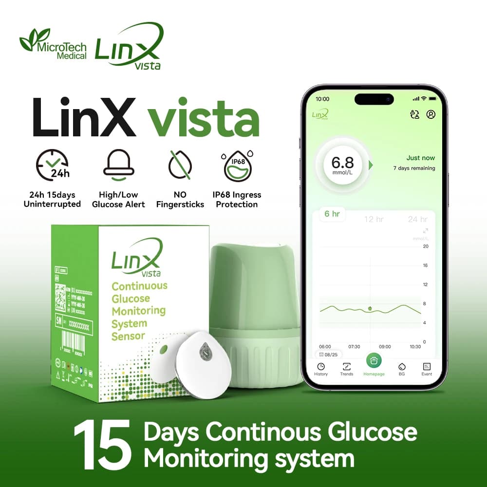 MicroTech LinX Vista CGM Sensor 15 Days Diabetes Health Monitor No Finger Pricking for Diabetes Calibrable
