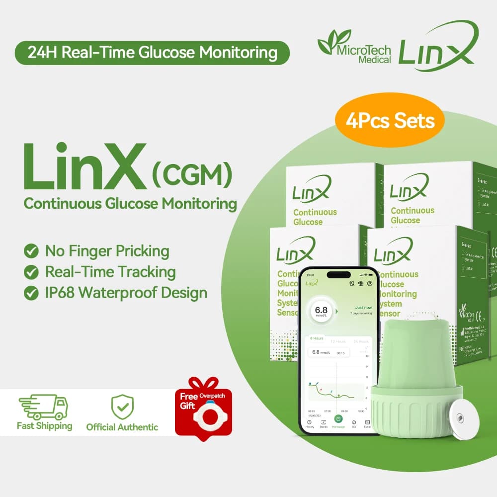 MicroTech LinX CGM 4 Sets Continuous Glucose Monitor 24h Real-time Blood Sugar Test No Finger Pricking Glucose Monitoring Kit