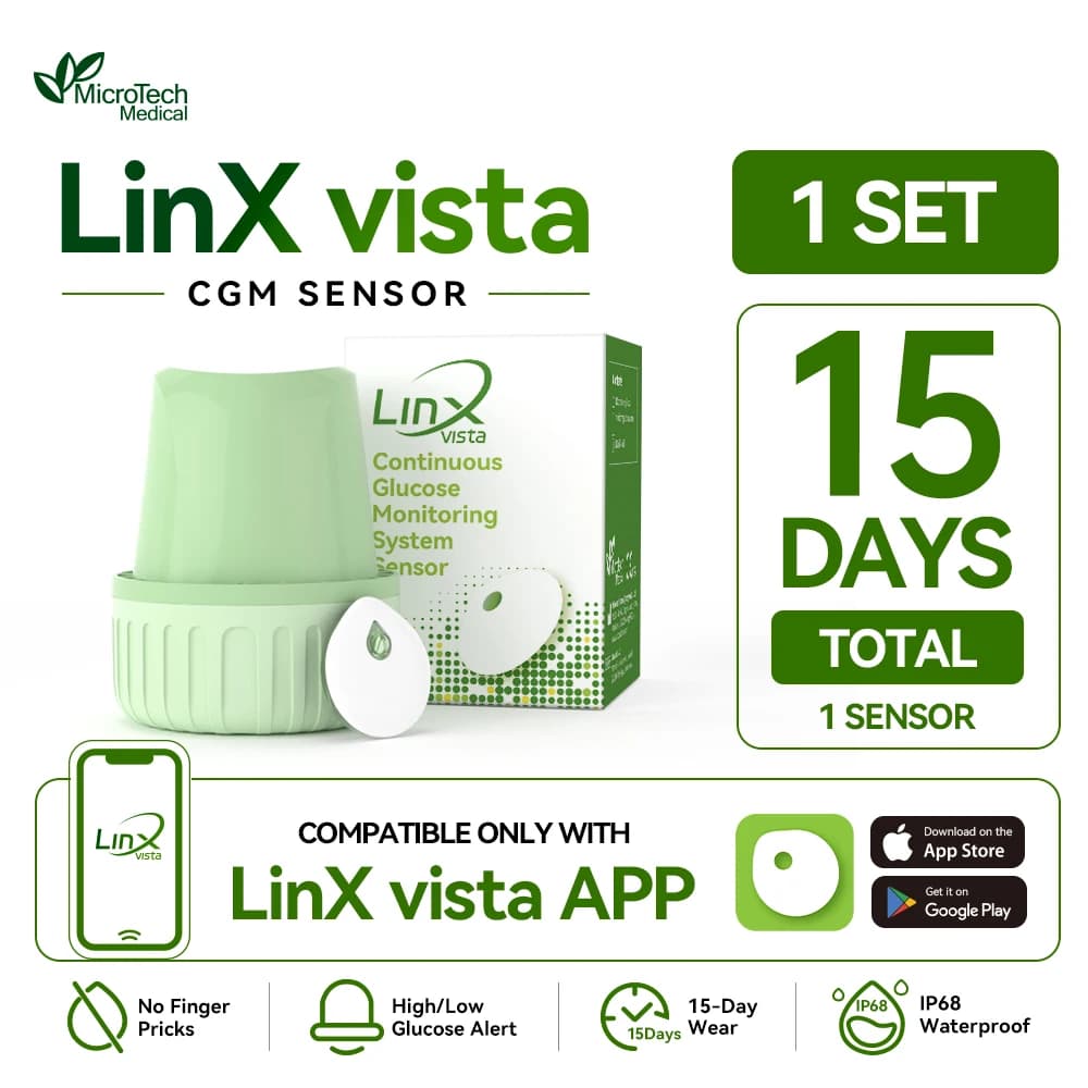 MicroTech LinX Vista CGM 15-Day Continuous Glucose Monitor with 24/7 Real-Time Blood Glucose Monitoring Diabetes Management