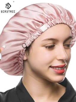 Birdtree 16MM 100% Real Silk Bonnet, Women Double Layer Sleeping Night Cap, Pure Hair Wrap Elastic Headwrap A34324M
