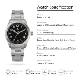 Militado ML08 Military Watch VH31 Quartz Movement Double Sapphire Crystal C3 BGW9 Luminous 10Bar Waterproof 38mm Vintage Watch