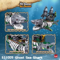 1155PCS Shark Pirate Ship Building Blocks Creative Sea Shark Ghost Ship Model Bricks With Light Educational Toy Gifts For Adult