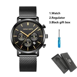 HANNAH MARTIN Brand Men Watch Black Stainless Steel Waterproof Fashion Sports Multifunctional Quartz Wristatch Relogio Masculino