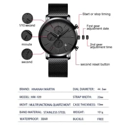 HANNAH MARTIN Brand Men Watch Black Stainless Steel Waterproof Fashion Sports Multifunctional Quartz Wristatch Relogio Masculino