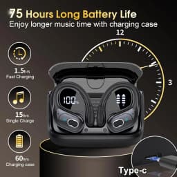 Wireless Earbuds 5.4 Bluetooth Headphones Sports Ear Buds with Earhooks 75H Playtime Wireless Headphones for Workout Waterproof