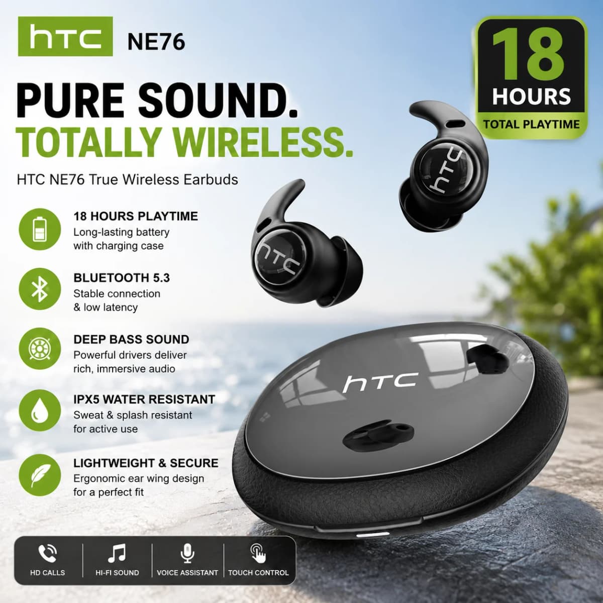 HTC NE76 Wireless Bluetooth Earphones TWS In-Ear Earbuds Bluetooth 5.4 Mic IPX5 Waterproof Sports Ear Buds with iOS Android