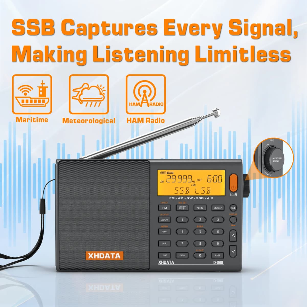 XHDATA D808 Professional AM FM SW MW AIR SSB RDS Radio Long Range Reception Portable Rechargeable Multiband Radio Stereo Sound