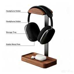 Solid Wood Headphones Stand Black Walnut+Aluminum Alloy Gaming Headset Holder Desktop Bracket Display Shelf with Storage Base