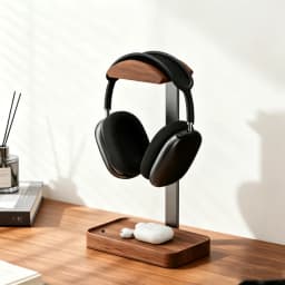 Solid Wood Headphones Stand Black Walnut+Aluminum Alloy Gaming Headset Holder Desktop Bracket Display Shelf with Storage Base