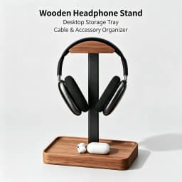 Solid Wood Headphones Stand Black Walnut+Aluminum Alloy Gaming Headset Holder Desktop Bracket Display Shelf with Storage Base