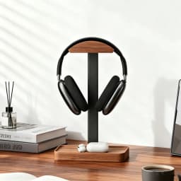 Solid Wood Headphones Stand Black Walnut+Aluminum Alloy Gaming Headset Holder Desktop Bracket Display Shelf with Storage Base