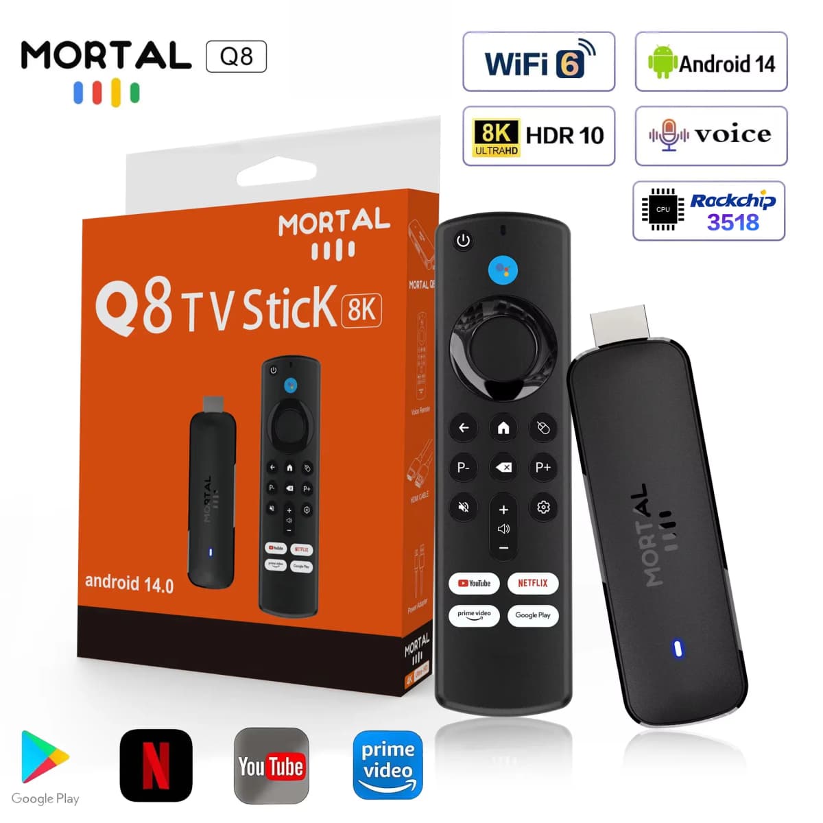 Mortal Q8 Android14 TV Stick WIFI6 Voice Control TV Stick 8K Video RK3518 Netflix YouTube TV Box Free Live TV Streaming