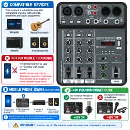 4 Channel Audio Mixer 48V Phantom Power USB Studio Sound Mixers Bluetooth DJ Console Mixing for Karaok
