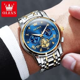 OLEVS 2856 Quartz Watch for Men Flywheel Skeleton Chronograph Moon Phase Multifunctional Stainless Steel Men's Wristwatches