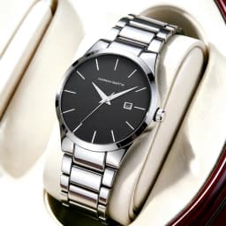Hannah Martin Men's Stainless Steel Watch Fashion Business Style Black Minimalist Style 3Bar Waterproof Quartz Movement Watches