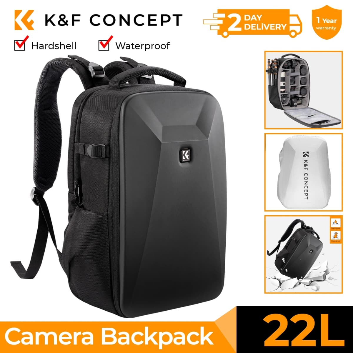 K&F CONCEPT 22L Camera Bag Large Capacity Travel Photography Backpack Waterproof Men's Backpack Bag DSLR/SLR Camera Rain Cover