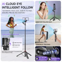 C22 AI Face Tracking Handheld Gimbal Stabiliser 360° Rotation Shoot Selfie Stick Tripod for Mobile Phone, 1/4'' Screw for Camera