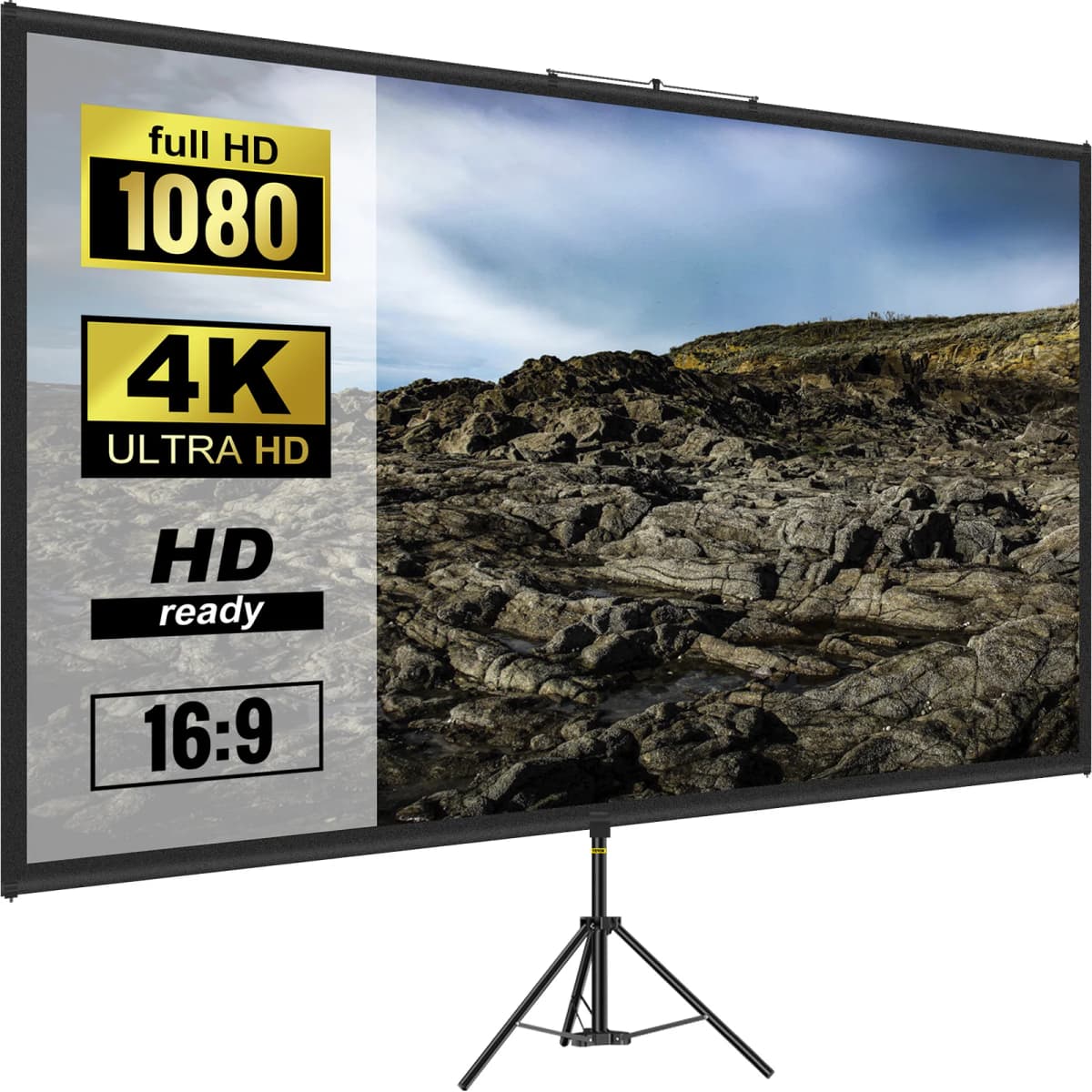 SucceBuy 100 Inch Tripod Projector Screen with Stand 16:9 4K HD Portable Projection Home Cinema for Indoor & Outdoor Projection