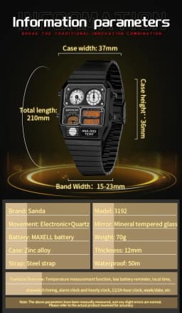 SANDA Top Fashion Men's Leisure Electronic Watch Multifunctional Thermometer Stopwatch Timing Men's Electronic Watch 3192