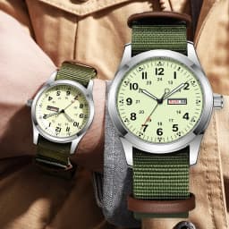 2026 42mm Luminous Dial Watch Day Date Function Green Canvas Strap 30M Water Proof Field Watch Khaki Strap Watch