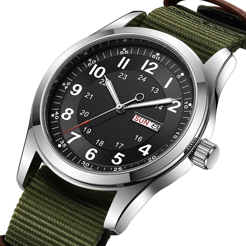2026 42mm Luminous Dial Watch Day Date Function Green Canvas Strap 30M Water Proof Field Watch Khaki Strap Watch
