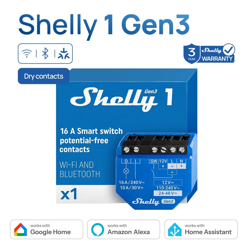 Shelly 1 Gen3 Dry Contact Smart Switch WiFi Bluetooth Operated Relay Low Voltage Support Over Temperature Protection Control
