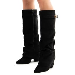 2025 New Style Metal Buckle Women's Knee High Boots Pointed Toe Crude Heel Solid Color Female Long Boots Quality Ladies Shoes
