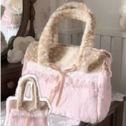 Sweet Cute Plush Bow Tote Bag Women Ballet Style Lace Color Block Large Capacity Shoulder Bags Ladies Harajuku Versatile Handbag