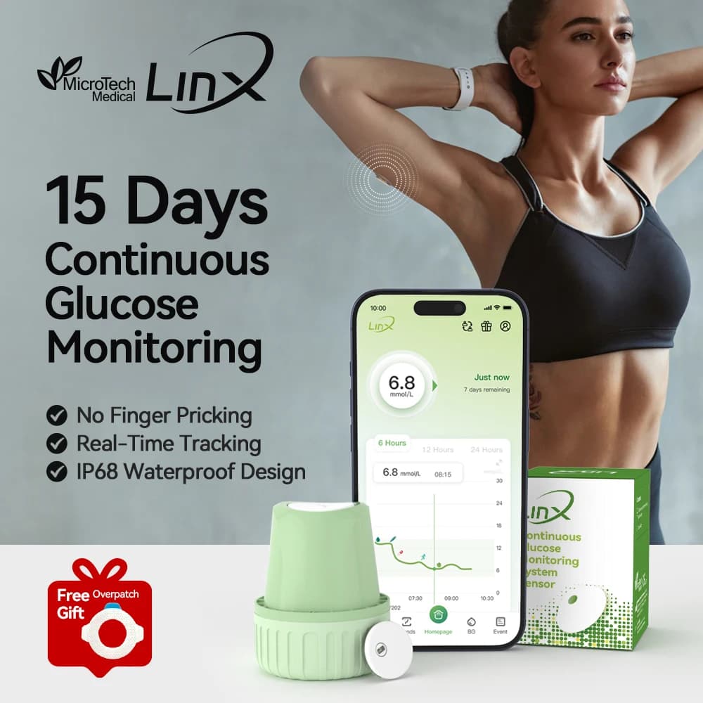 MicroTech LinX Dynamic Blood Glucose Monitoring 15 Days Real Time No Finger Prick Blood Sugar Monitor for Diabetes
