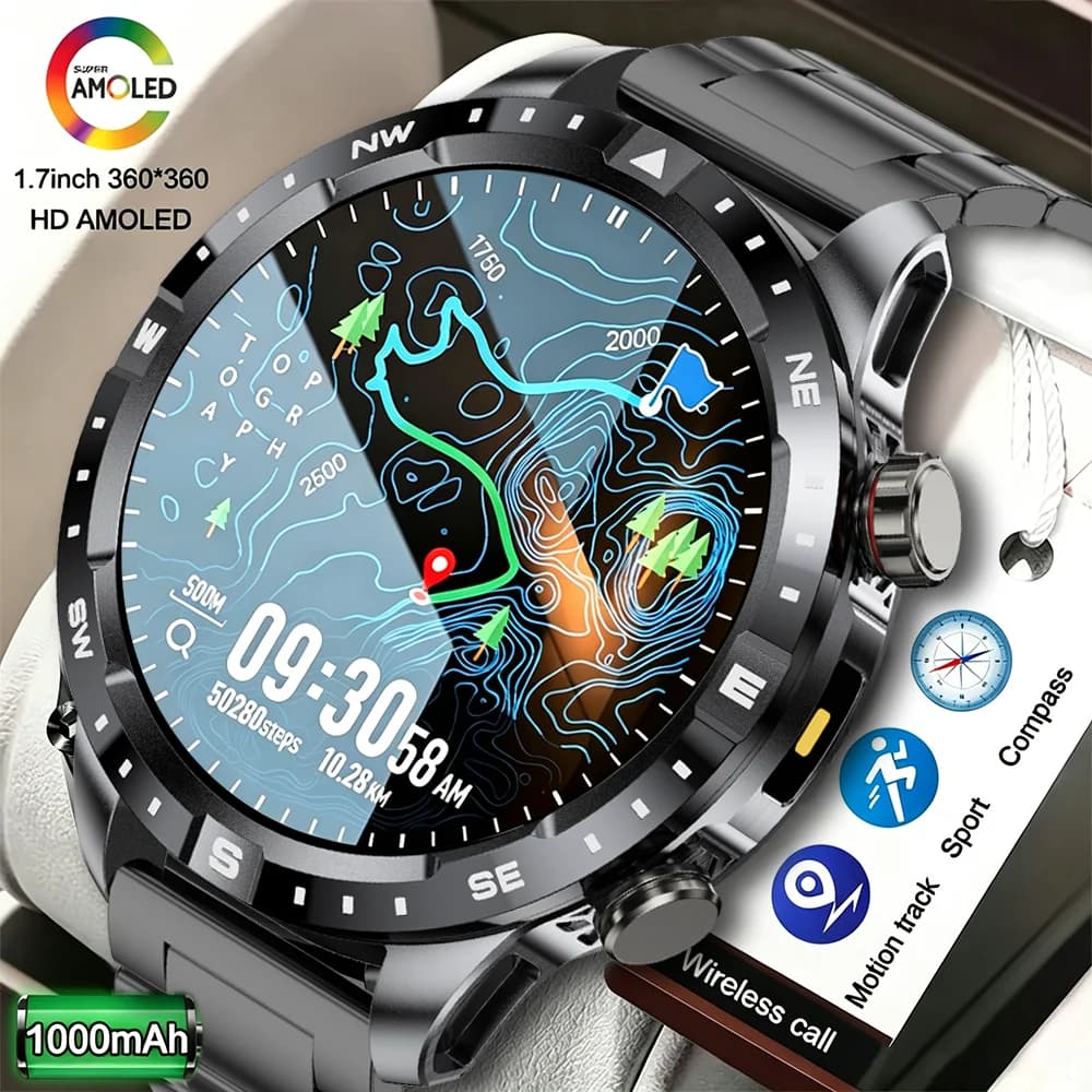 2026 New Military Grade GPS Smart Watch Dual-Band 1.7 AMOLED 10ATM Waterproof 1000mAh Large Battery Compass Altimeter Barometer