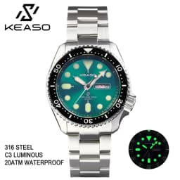 KEASO Top Mens Dive Watch MIYOTA 2035 Quartz Movement C3 Super Luminous Sports 316L Solid Steel 200M Waterproof Sapphire Watch