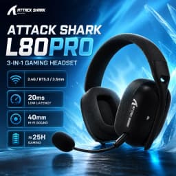ATTACK SHARK L80Pro Gaming Headset, Bluetooth 5.3 2.4GHz Wireless & 3.5mm Wired, 40mm Drivers, Dual Microphones, 300mAh Battery