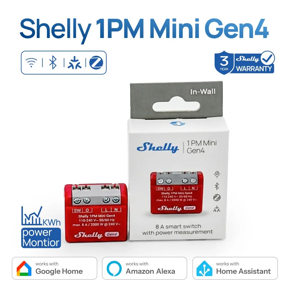 Shelly 1PM Mini Gen4 Zigbee Smart Switch Power Metering Matter for Smart Lights Small Appliances 8A Control Via Light Bulb