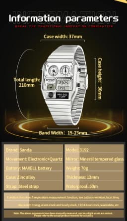 SANDA New 3192 Men's Square Men's Electronic Watch Waterproof LED Thermometer Stopwatch For Men's Electronic Watch