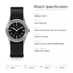 Militado ML14 36mm Watch VH31 Sweep Second Quartz Movement Watch Sapphire Crystal Super Luminous BGW9 C3 100m Waterproof Watches