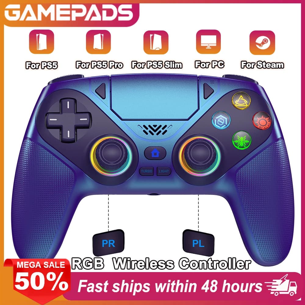 Gamepad RGB For Playstation 5/PS5 Pro/Slim/PC Wireless PS5 Controller Dual Vibration Macro/Turbo Function 3D Game Joystick